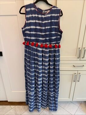 THML Blue & White Tie-Dye Maxi Dress with Red Tassel Waist